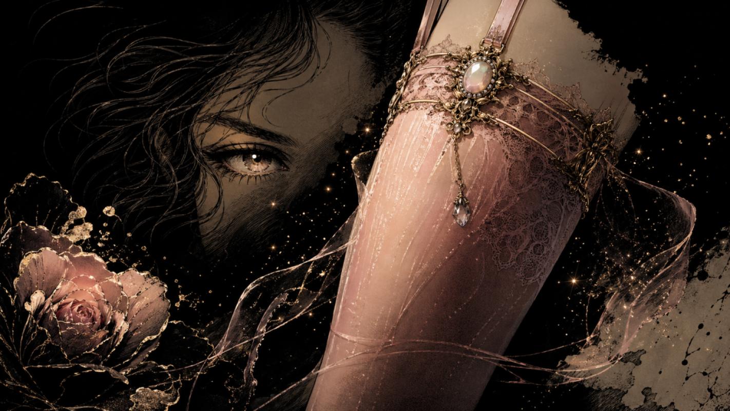Un bas rosâtre, orné de coins d’or, à la jambe, Comme un souvenir est resté; La jarretière, ainsi qu'un œil secret qui flambe, Darde un regard diamanté.