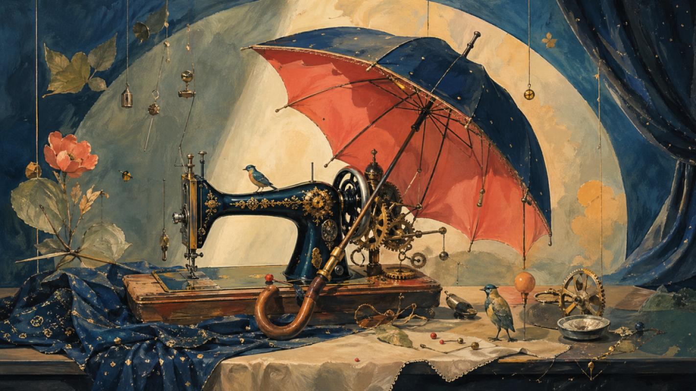 Beau comme la rencontre fortuite sur une table de dissection d'une machine à coudre et d'un parapluie.
